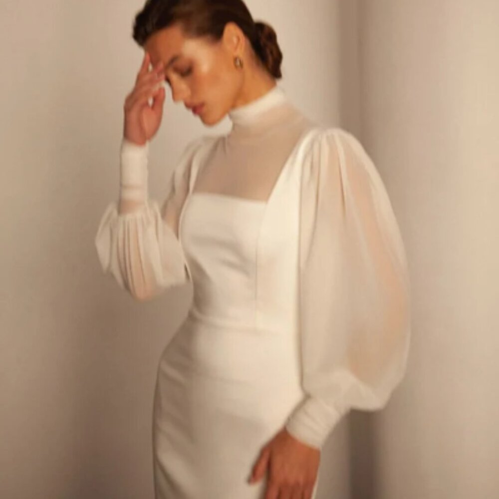 Express Cream turtleneck Blouse with Puff Sleeves